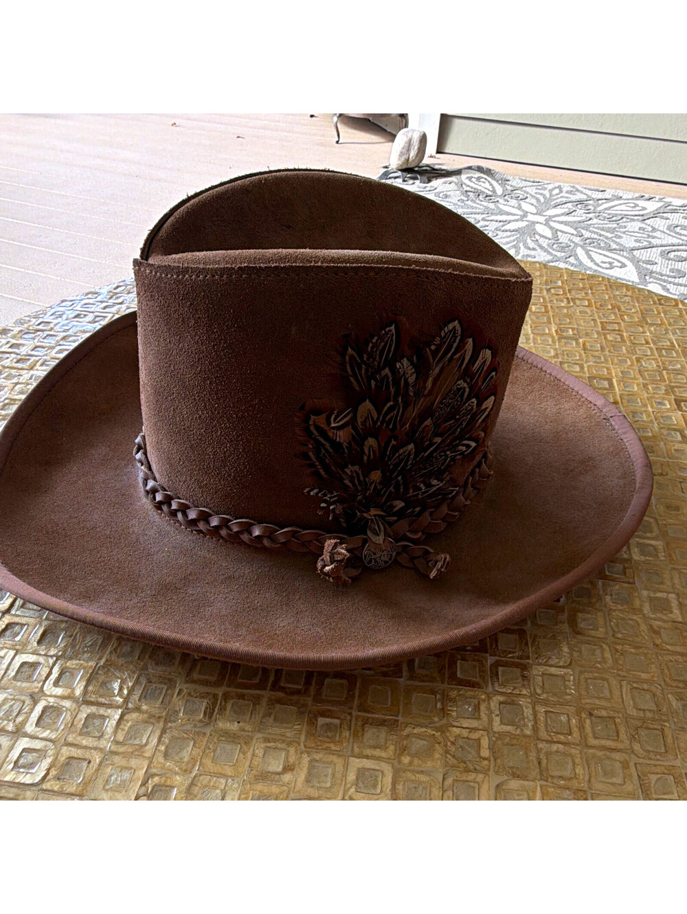 Henschel Skullys Brown Western Hat with Braided Feather Hat Band size XL